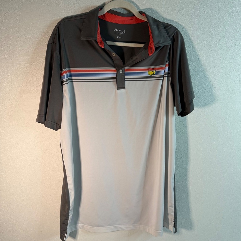 Masters Tech Golf Polo Shirt‎ Mens Large Gray White Masters Logo Performance